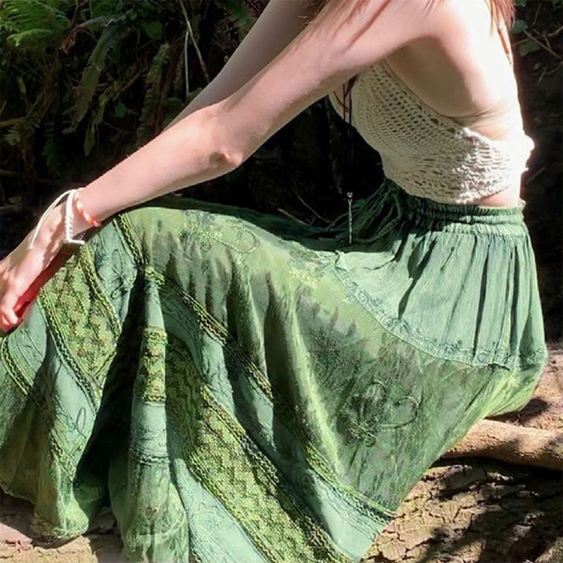 Chân Váy Midi Chữ A Eo Cao Co Giãn In Họa Tiết Hoa Lá Phối Dây Buộc Nơ Màu Xanh Lá Phong Cách Boho Cổ Điển Cho Nữ