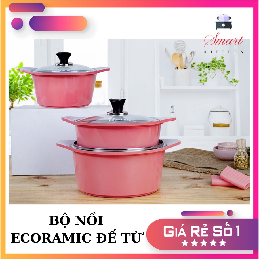 Nồi đúc ceramic Ecoramic vân đá chống dính đáy từ 20cm / 22cm / 24cm nắp kính