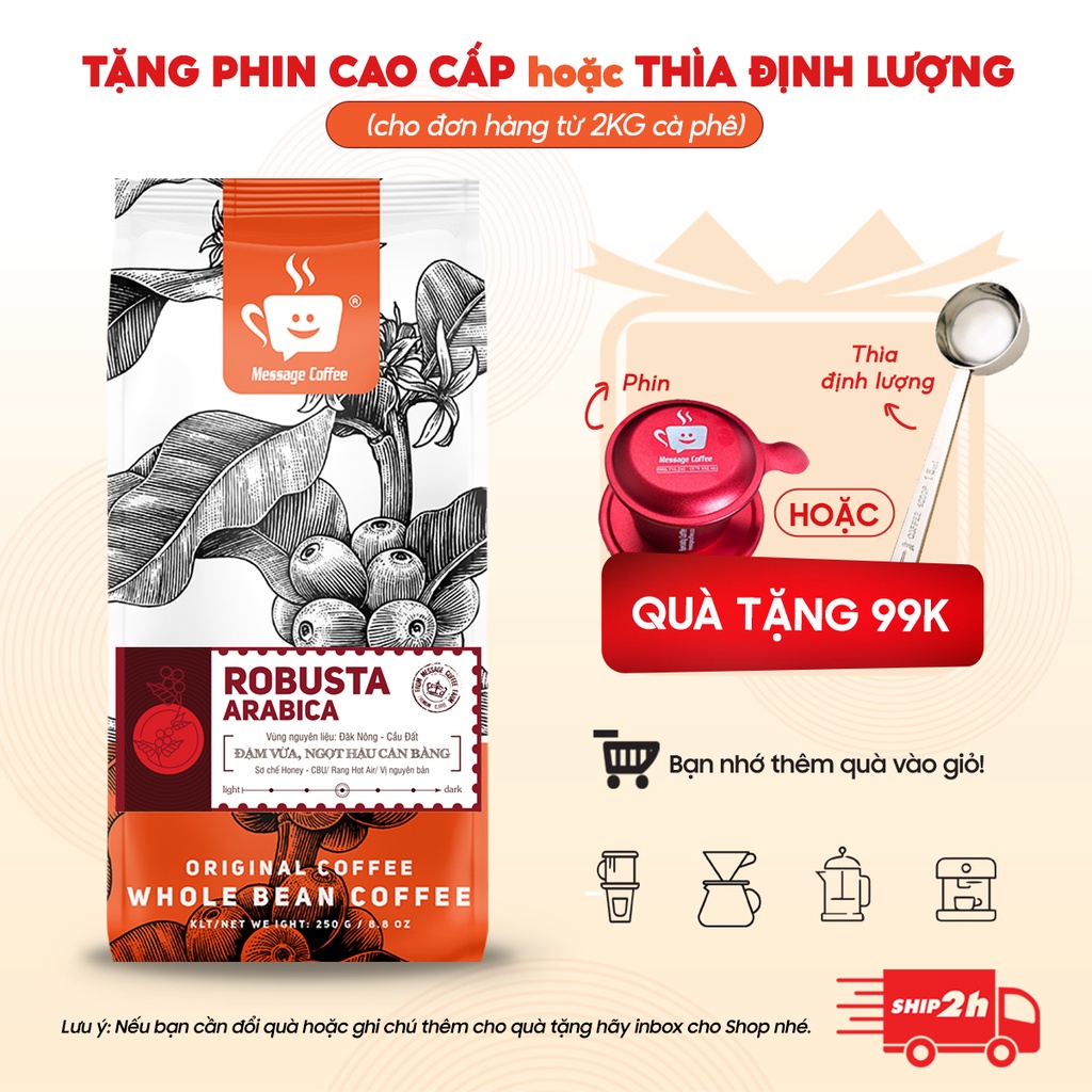 Cà phê nguyên chất Blend Robusta - Arabica rang mộc đậm đà thơm nồng dùng pha phin hoặc pha máy ngon từ Message Coffee