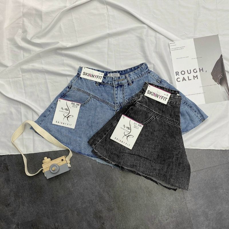 Quần short jean ống xòe có túi lai cắt siêu hot