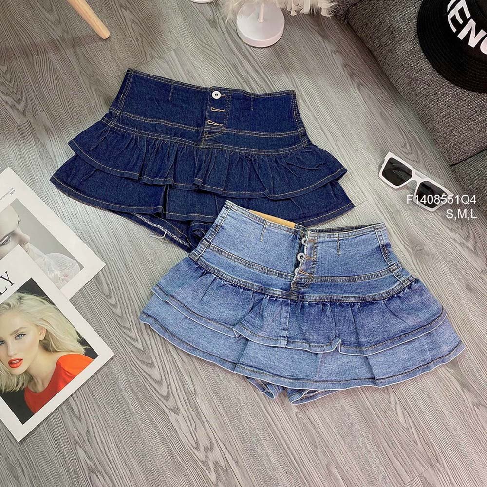 Quần váy jean xòe phối bèo tầng lưng cao 3 nút hàng đẹp!