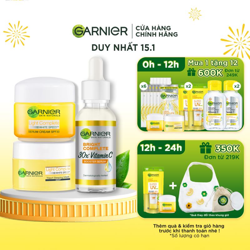 Bộ sản phẩm tinh chất và kem dưỡng da ngày đêm làm sáng da Garnier Light Complete Vitamin C