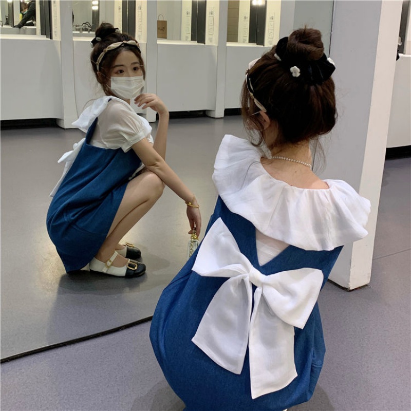 Đầm babydoll set váy Set Áo Sơ Mi Cổ Búp Bê Và Đầm Yếm Denim Xinh Xắn Cho Nữ