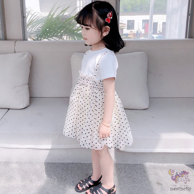 Đầm Hoạ Tiết Chấm Bi Phối Lưới Kiểu Công Chúa Phong Cách Hàn Quốc Thiết Kế Dễ Thương Cho Bé Gái