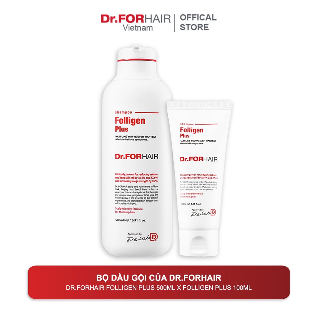Bộ dầu gội giảm rụng tóc, hỗ trợ mọc tóc và giảm gàu Dr.FORHAIR Folligen Plus Shampoo chai 500ml x tuýp 100ml