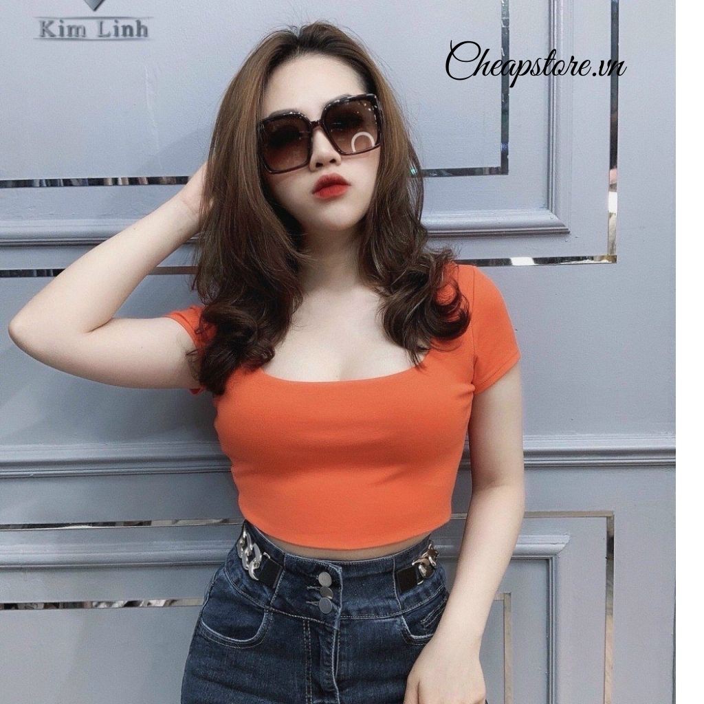 Áo thun croptop cổ U form ôm tay ngắn chất đẹp, hottren 2021 - Áo phông cổ U cộc tay chất zip  nhiều màu sắc A24