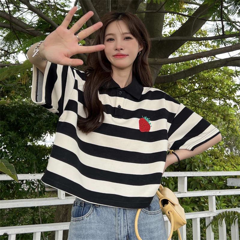 Áo Thun POLO Dệt Kim Tay Ngắn Dáng Rộng Kẻ Sọc Cá Tính