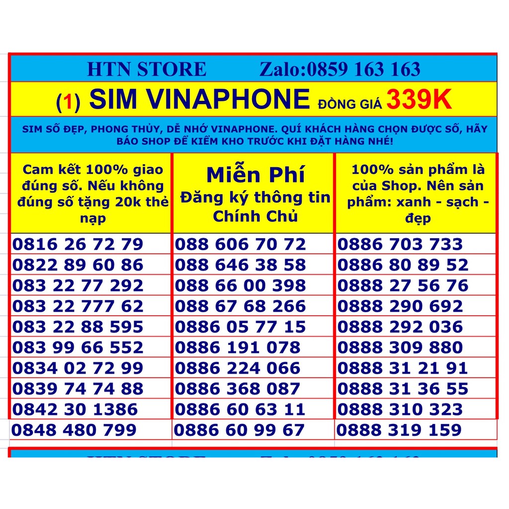 Sim vinaphone số đẹp vina trả trước giá rẻ đồng giá 339k