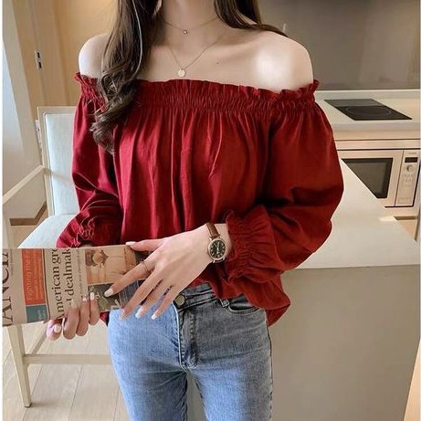 Áo trễ vai màu trơn dáng rộng tay phồng phối bèo thời trang cho nữ