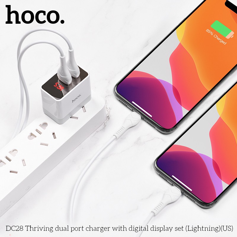 Bộ sạc nhanh Hoco DC28 màn hình led 2 cổng USB cáp Lightning 1m -Dành cho thiết bị Iphone, Ipad