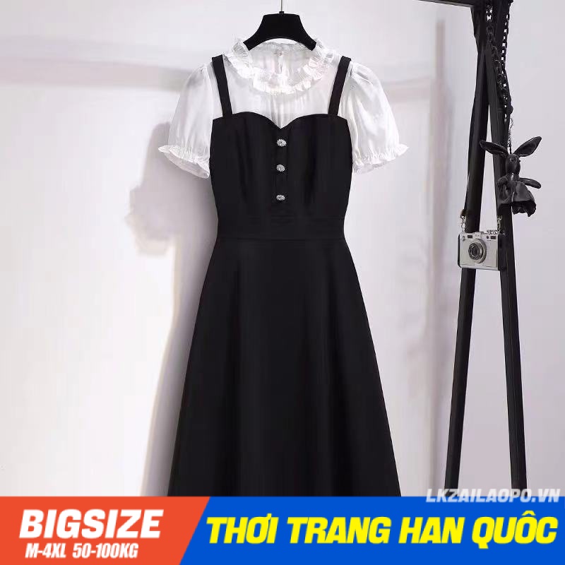 Đầm Bigsize Váy nữ Giả Hai tay ngắn cổ tròn che bụng mỡ ôm eo mùa hè Phong cách Hàn Quốc Thời Trang tiểu thư cá tính xinh đẹp cho người mập béo