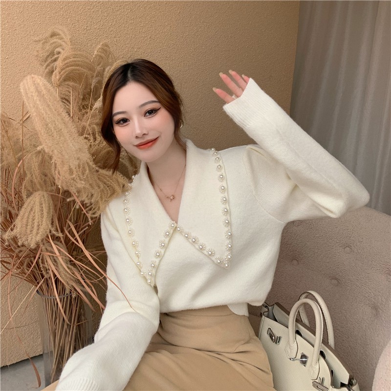 Set Áo Len Tay Phồng Cổ Chữ V Đính Hạt + Chân Váy Lưng Cao Thời Trang Cho Nữ | BigBuy360 - bigbuy360.vn