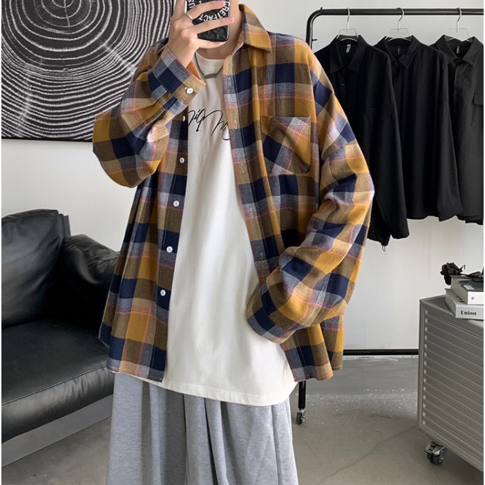 Áo sơ mi caro flanel dài tay dáng rộng unisex phong cách ulzzang siêu hot