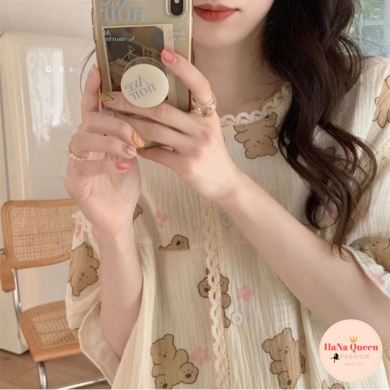 Bộ đồ cộc đùi hoạ tiết gấu phối ren chất muslin cao cấp cực đẹp