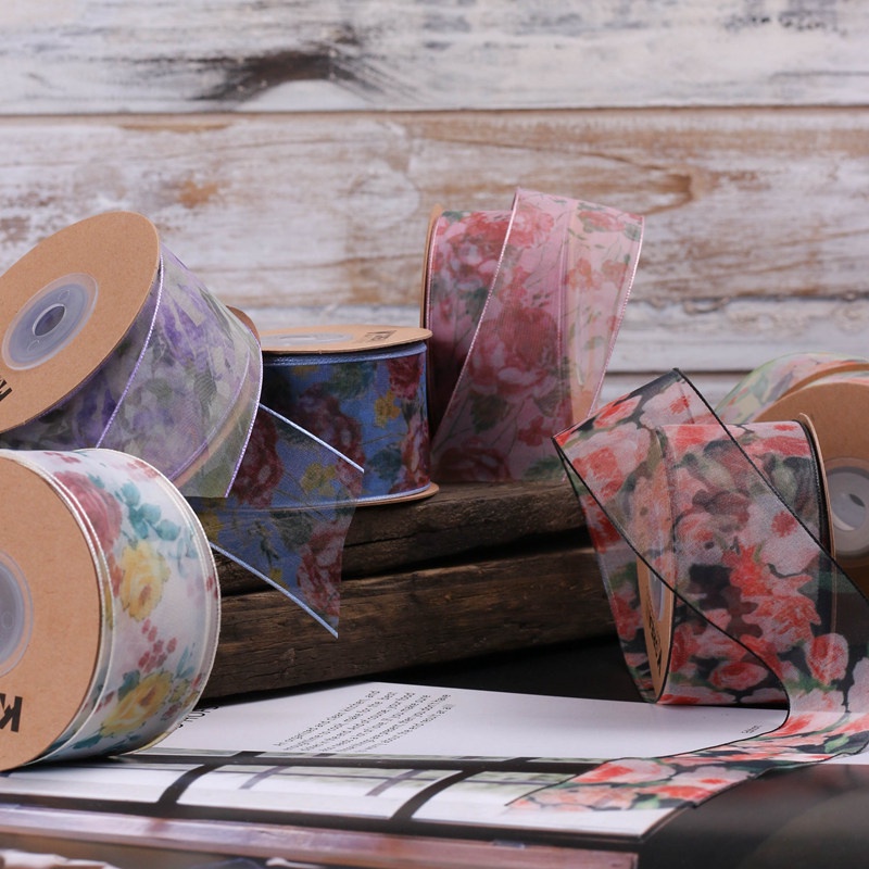 Cuộn Dây Ruy Băng 10Yrds/Cuộn In Họa Tiết Hoa Mẫu Đơn Dùng Trang Trí Gói Quà/Bánh Cưới DIY