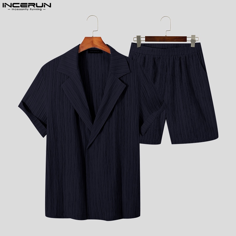 Set áo ngắn tay + quần ngắn INCERUN màu trơn kẻ sọc thời trang cho nam