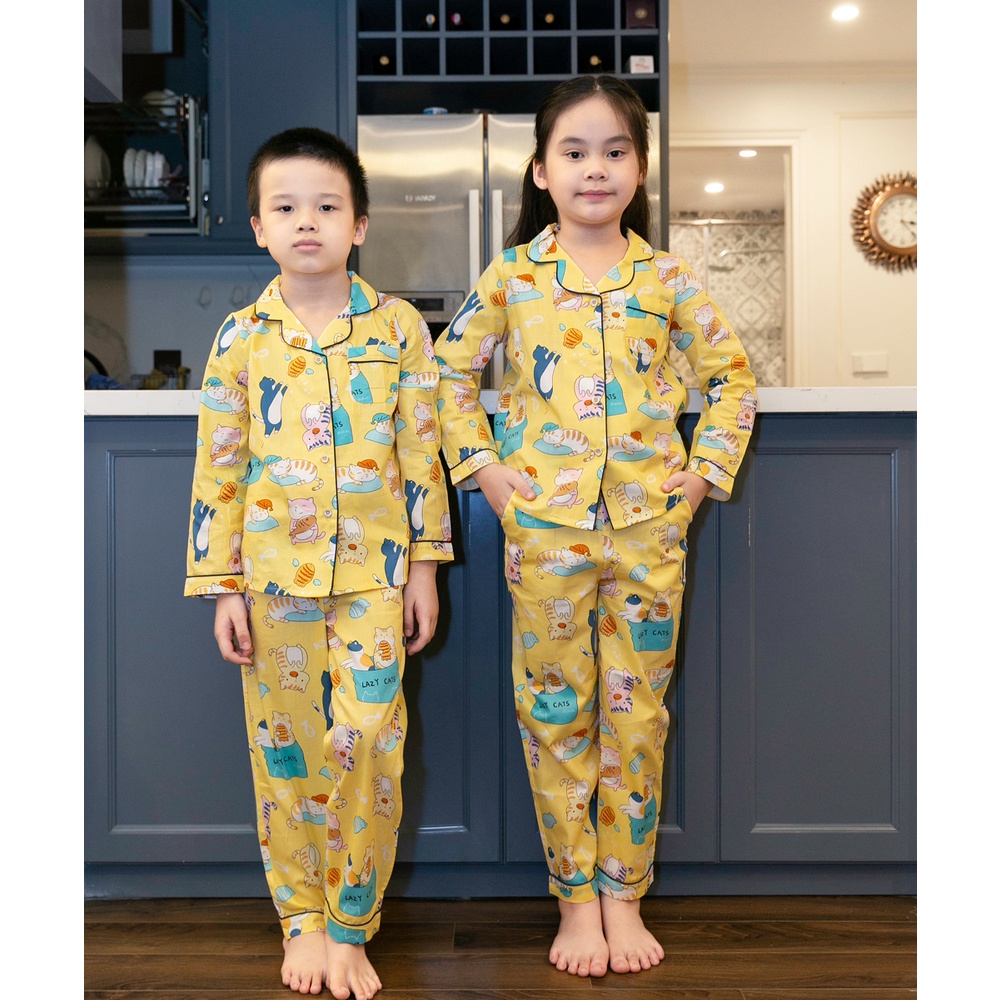 Bộ Pijama bé gái áo dài quần dài màu vàng hình cá mèo