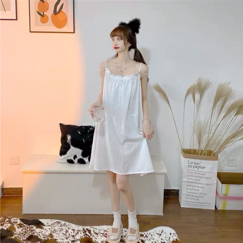 Váy Trắng 2 Dây Kiểu Cổ Yếm Viền Bèo Khoét Ngực Lưng Mặc Hai Kiểu - Đầm Ngủ Nữ Trắng Suông Ulzzang