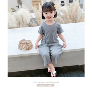 Bộ màu trơn rút eo quần lửng cho bé gái