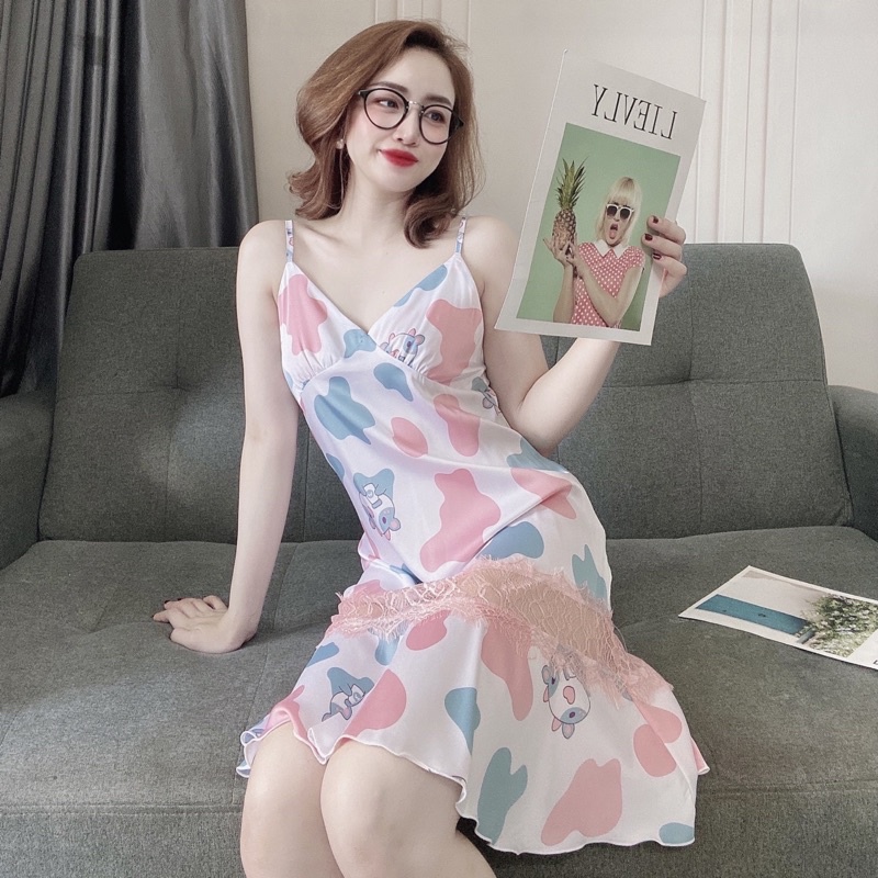 Váy ngủ lụa latin 2 dây đuôi cá phối ren freesize 42-57kg