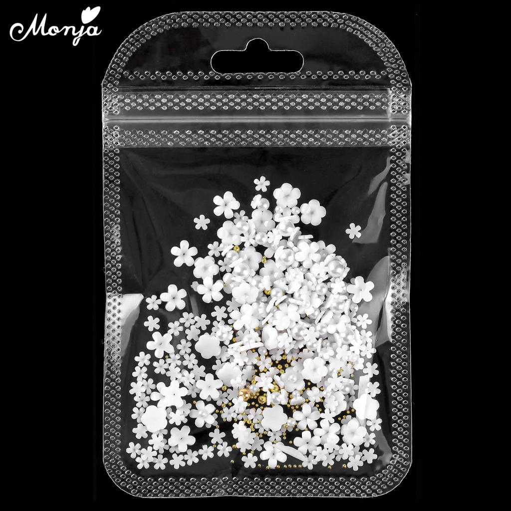 MONJA 1 Túi Hạt Cườm Hình Hoa Trắng 3D Bằng Thép Bạc / Ngọc Trai / Cánh Hoa Trang Trí Móng DIY