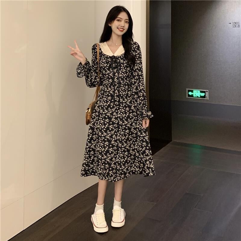 Đầm chữ a tay dài IELGY in họa tiết hoa phong cách vintage thời trang dành cho nữ