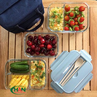 Hộp đựng cơm văn phòng thủy tinh cao cấp có chia ngăn - Túi đựng giữ nhiệt - Bộ muổng đũa