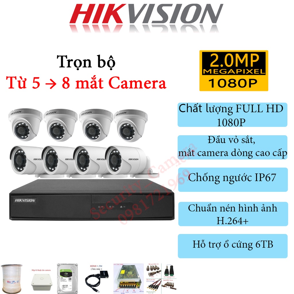 Trọn Bộ Camera Hikvision 2Mp 5/6/7/8 Mắt  FULL HD 1080P Chính Hãng bảo hành 24 tháng (FULL PHỤ KIỆN LẮP ĐẶT)