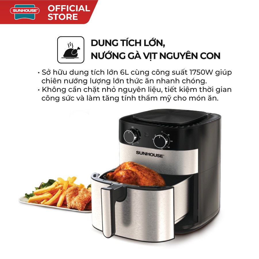 Nồi chiên không dầu  SUNHOUSE SHD4026 6.0L - Chống dính Whitford - An toàn cho sức khoẻ - Hàng chính hãng - BH 1 năm