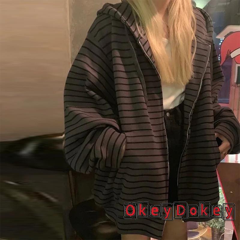 Áo Khoác Hoodie Dài Tay Dáng Rộng In Kẻ Sọc Phối Túi Thời Trang Mùa Thu Hàn Quốc 2022 Cho Nữ