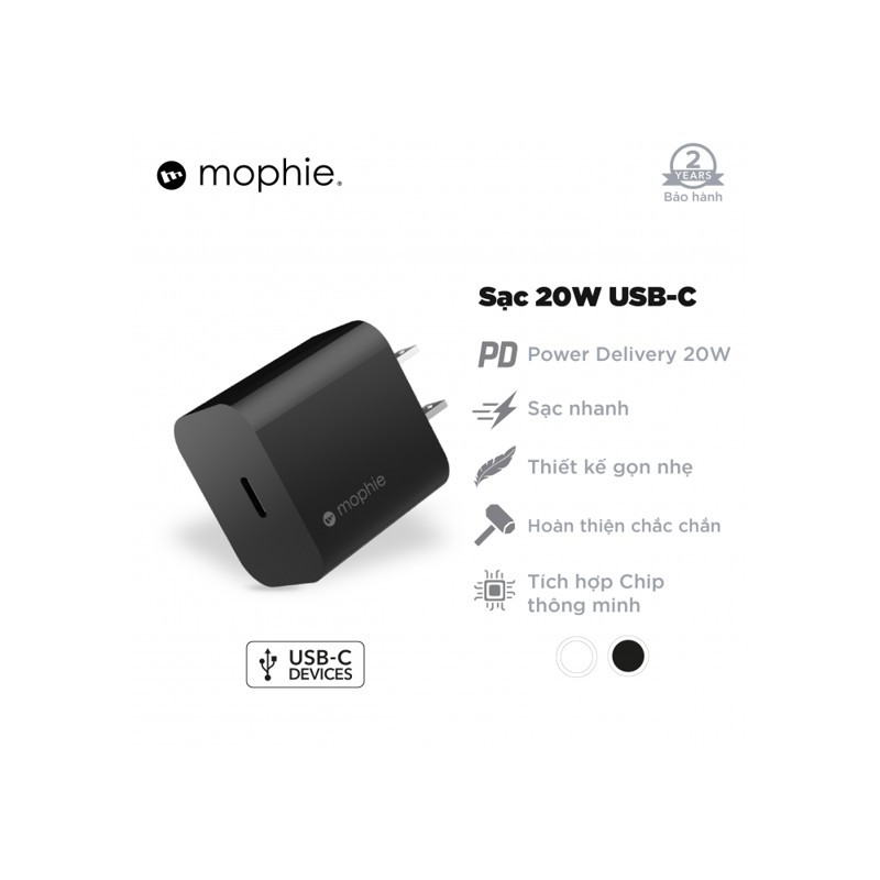 Sạc Mophie USB-C PD 20W [CHÍNH HÃNG PHÂN PHỐI, BẢO HÀNH 2 NĂM]