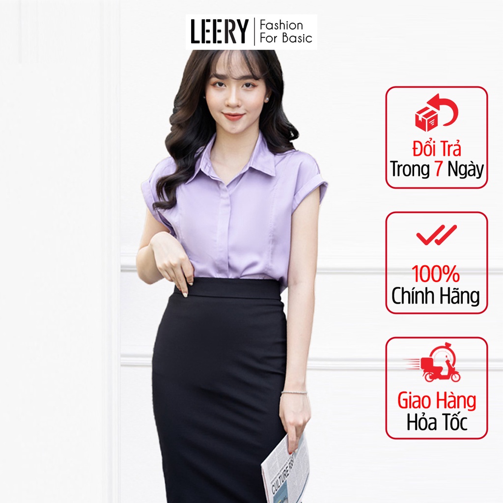 Áo sơ mi công sở nữ đẹp ngắn tay kiểu Hàn Quốc form rộng chất lụa cao cấp màu Đen Tím Oliu LEERY SM-09