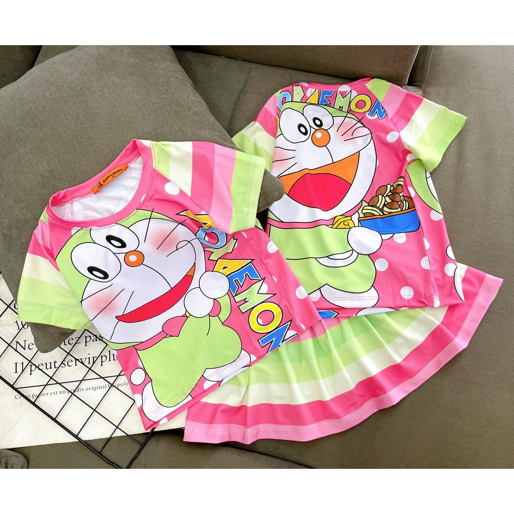 Set Áo Váy bé gái thun lạnh 3D in hoạt hình siêu dễ thương , Váy đâm đẹp cho bé