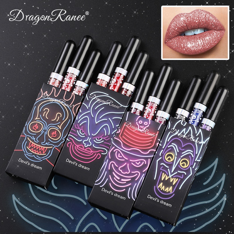 Set 3 Son Môi Chống Thấm Nước Chống Dính Cốc Màu Sắc Lấp Lánh Phong Cách Halloween