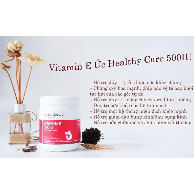 Viên uống Vitamin E Healthy Care 500IU hộp 200 Viên Của Úc hỗ trợ tái tạo làm đẹp da