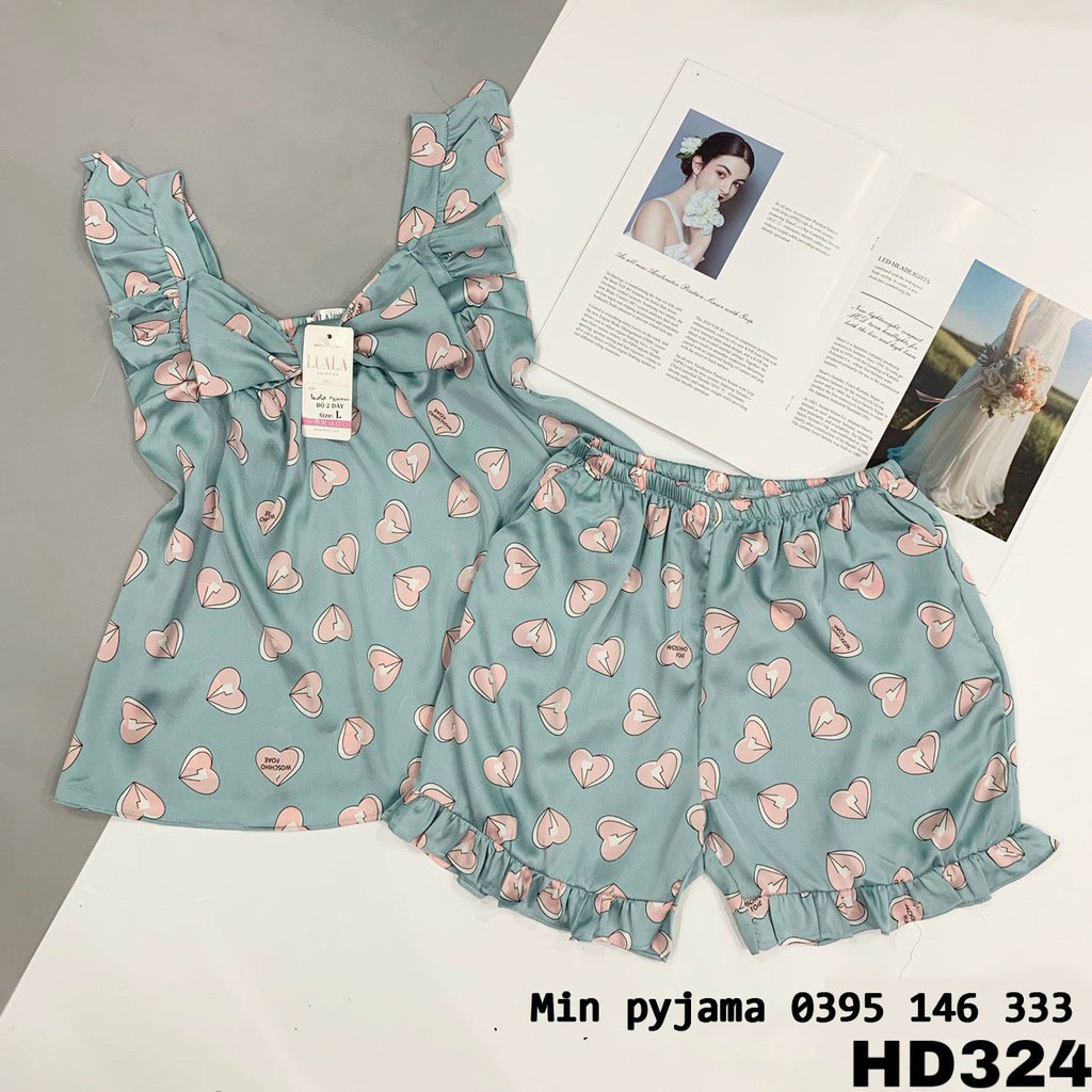 Sét Pyjama Lụa Không Nhăn Áo Dây Quần Cộc Mặc Siêu Mát Cho Chị Em