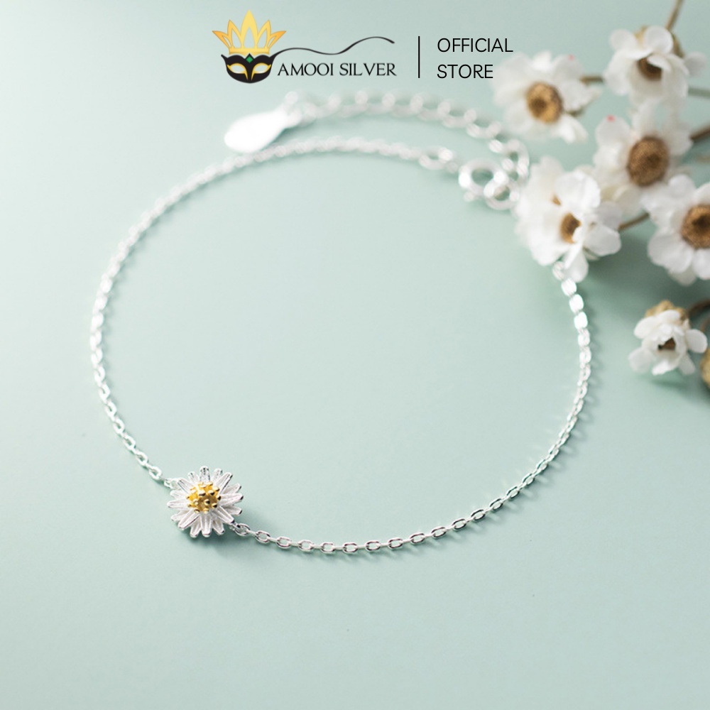 Lắc Tay Bạc S925 Mặt Đá Hoa Cúc Họa Mi Nhụy Vàng Cao Cấp - Amooi Silver AT85