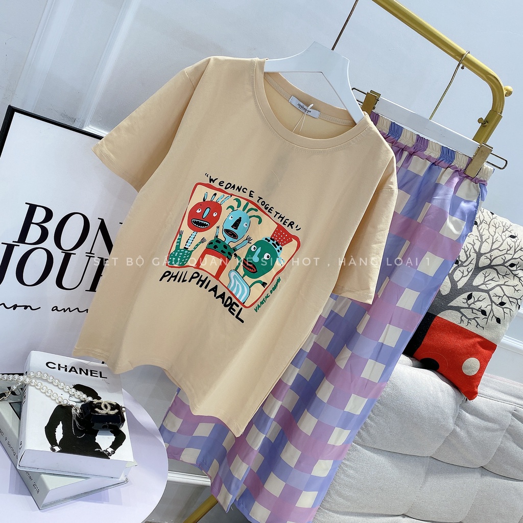 Bộ hoạt hình quần kẻ ô ống rộng siêu hot HN255