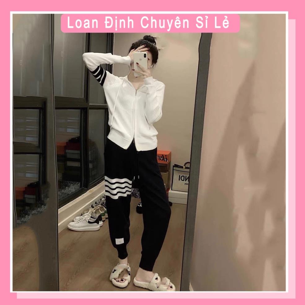 Sale Bộ đồ nữ sọc tay len tăm khóa mũ thể thao áo dài quần xanh than đồ bộ nữ thu đông Loan Định