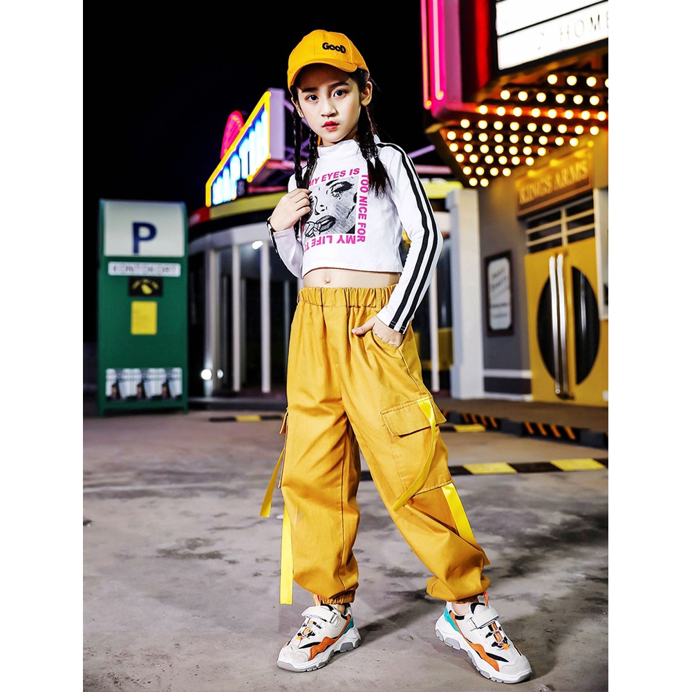 Bộ Áo Croptop Tay Dài Phối Quần Dài Kiểu Hip-Hop Thời Trang Cho Bé Gái