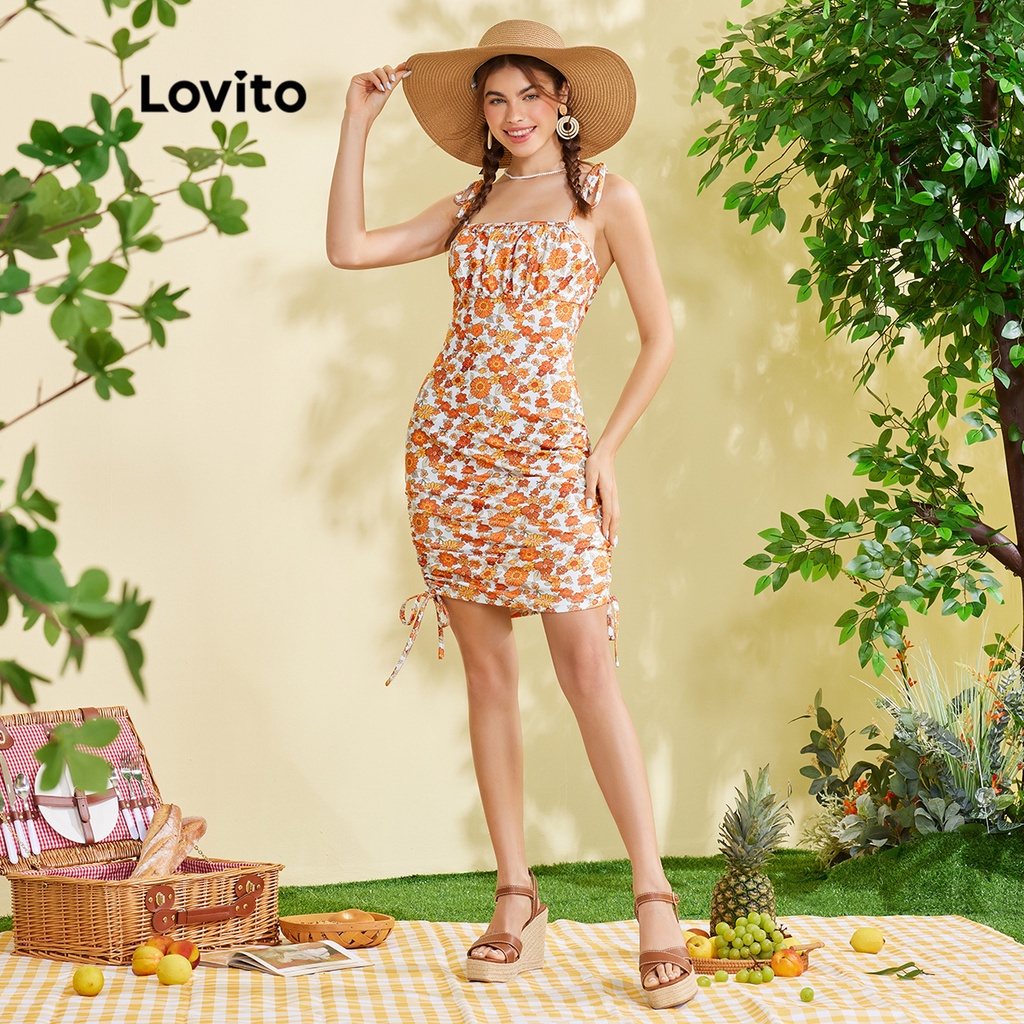 váy đầm Lovito FREE NATURE Ren hoa Shirring ren lên Boho L28EE045 (Cam)