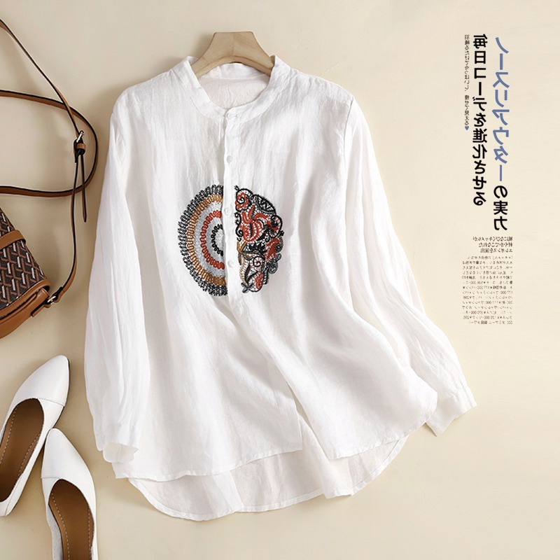Ice cotton linen women's shirt ethnic style embroidered linen long-sleeved tops pick up ~ Japanese original single