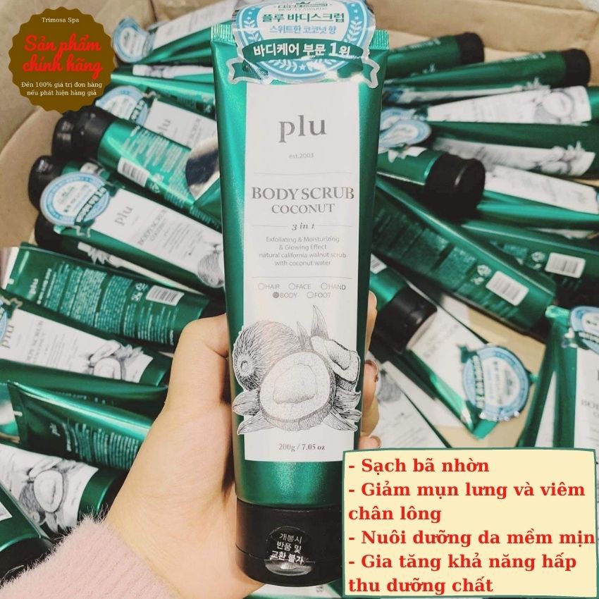 Tẩy da chết toàn thân Plu 200g, giúp da sạch bụi bẩn bã nhờn, ngừa viêm chân lông và mụn lưng, dưỡng da sáng khỏe