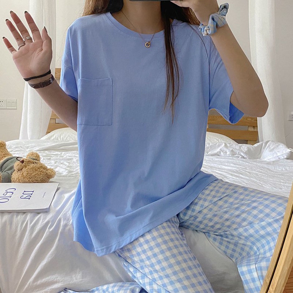 Đồ bộ Cotton nữ bộ ngủ mặc nhà quần caro áo trơn 40-60KG