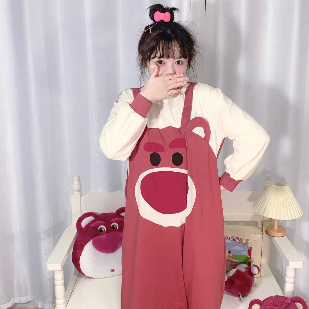 Bộ Đồ Ngủ Liền Thân Vải Cotton Dáng Rộng In Hoạt Hình Gấu Dâu Tây Dễ Thương Cho Nữ