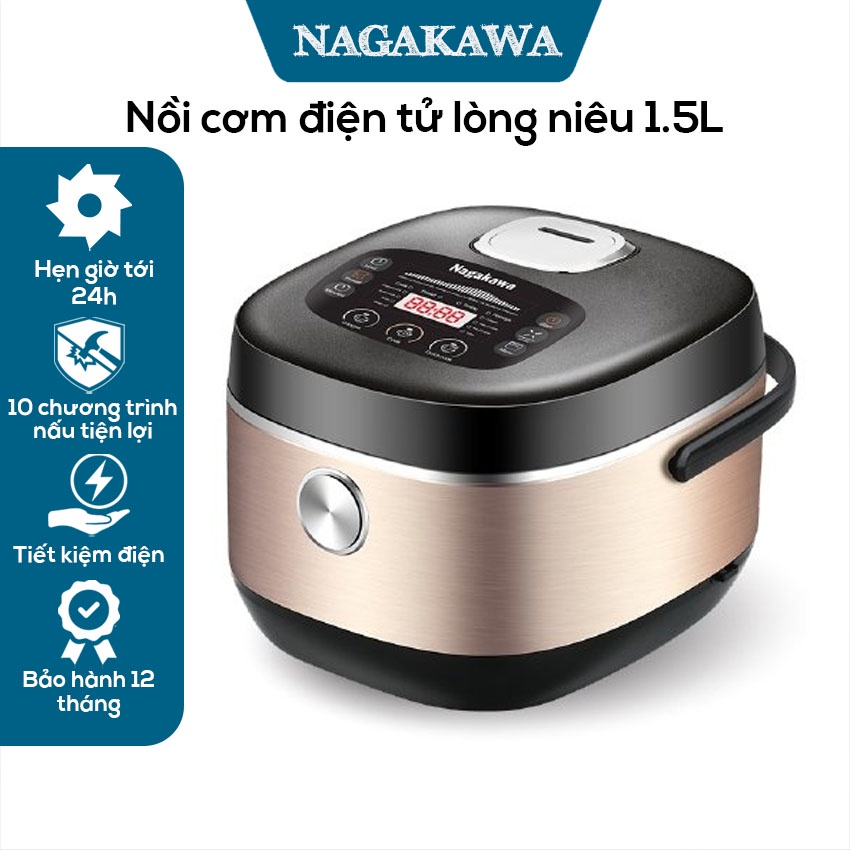 Nồi cơm điện tử lòng niêu 1.5L Nagakawa NAG0123, Màn hình LCD, Hẹn giờ lên tới 24h, Bảo hành 12 tháng