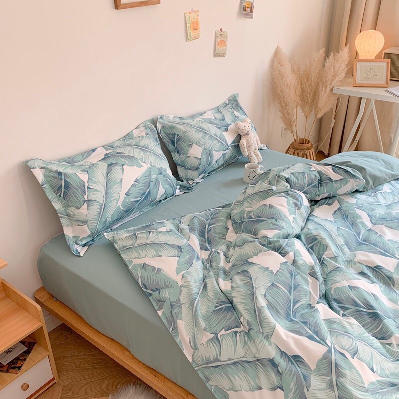 Bộ chăn ga gối cotton poly - Mẫu lá khoai xanh