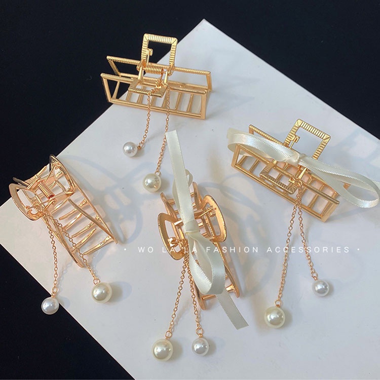 Kẹp Tóc Kim Loại Hình Nơ Đính Hạt Giả Ngọc Trai