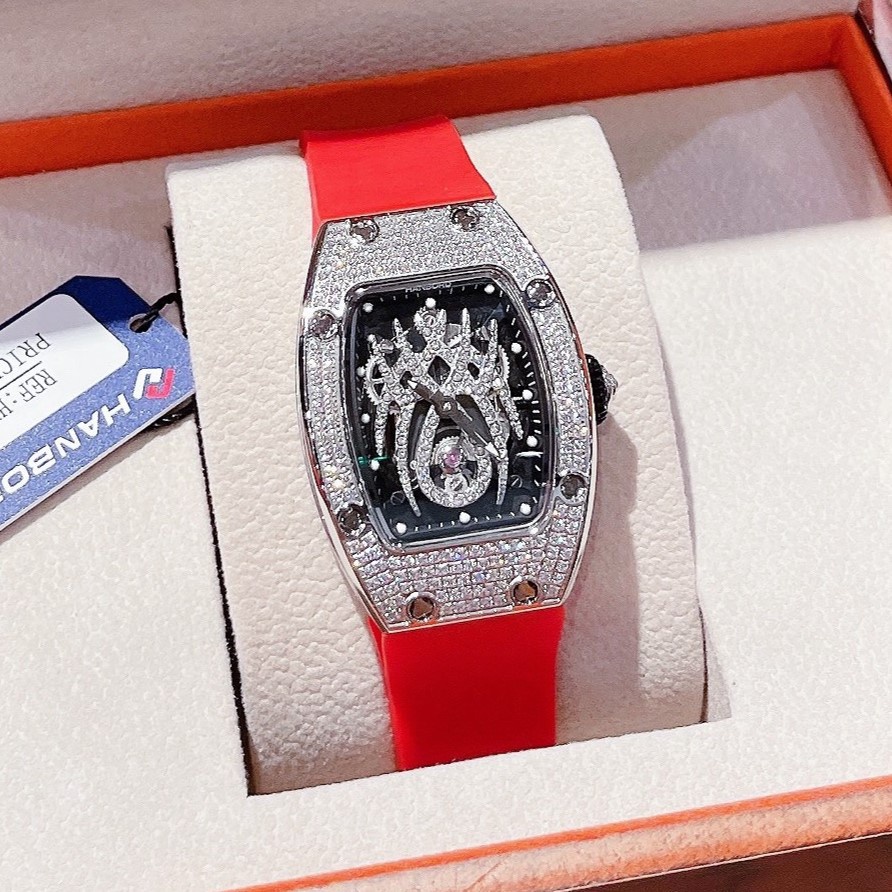 Đồng Hồ Nữ Hanboro Silicon Đỏ Mặt Nhện 31x42mm - Vỏ Bạc