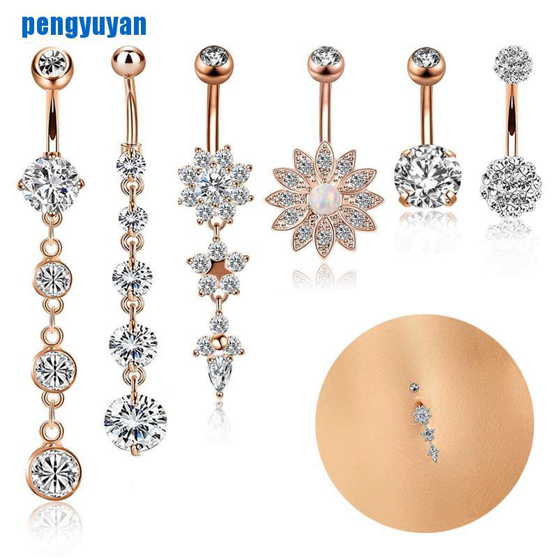 Set 6 Khuyên Rốn Bằng Thép Không Gỉ Đính Đá Pha Lê 14g